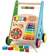 BABY JOY Wooden Baby Walker, Push and Pull Sit-to-Stand Learning Walker Activity Center, Toddler ...