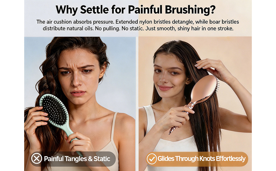 Comparison: painful plastic brush vs gentle air cushion brush detangling smoothly.