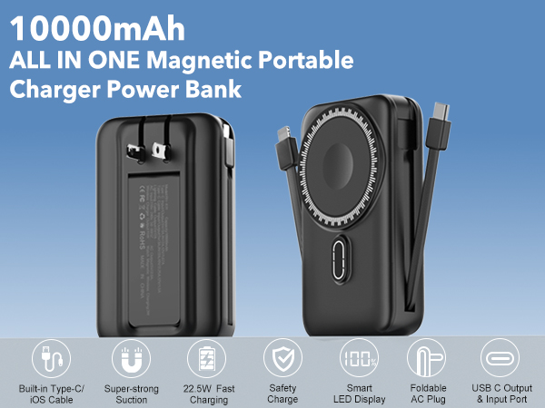 10000mAh ALL IN ONE Magnetic Portable Charger Power Bank with Wall Plug