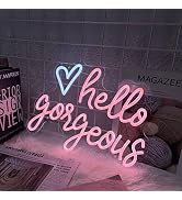 Hello Gorgeous Neon Signs for Wall Decor Led Neon Light Heart Decorative for Girl Bedroom Birthda...