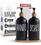 Sunrise Premium 16 OZ Thick Black Glass Soap Dispenser, Bamboo Pump with Tray 2 Pack, Hand and Di...