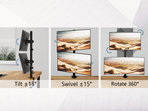 Monitor mount demonstration showing three positions: 15-degree tilt, 15-degree swivel, and 360-degree rotation capabilities.