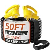 PlugSaf 50 FT 30 Amp RV Extension Cord Outdoor, 10AWG 125V 3750W STW Yellow | NEMA TT-30P/R, Flex...