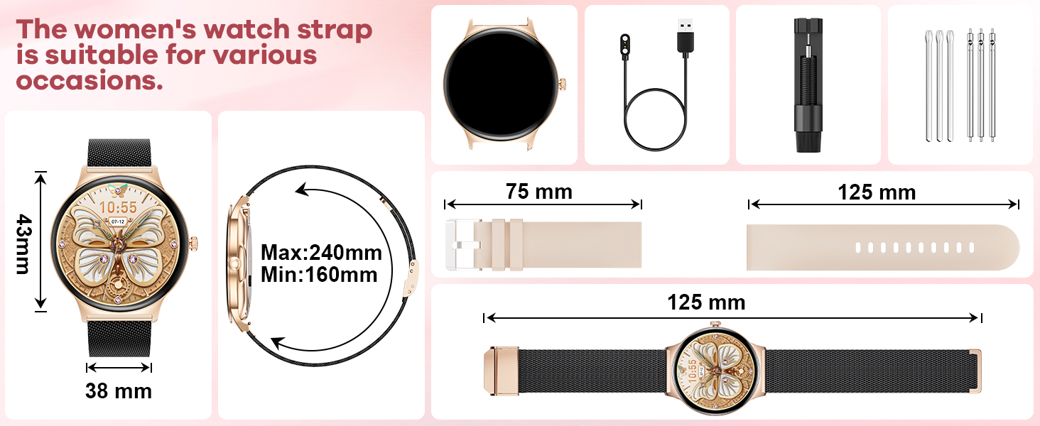 Women's watch with round gold case, cream dial, and interchangeable straps. Features 38mm diameter, 75mm lug width, and 125mm strap length. Includes black mesh and beige leather strap options.