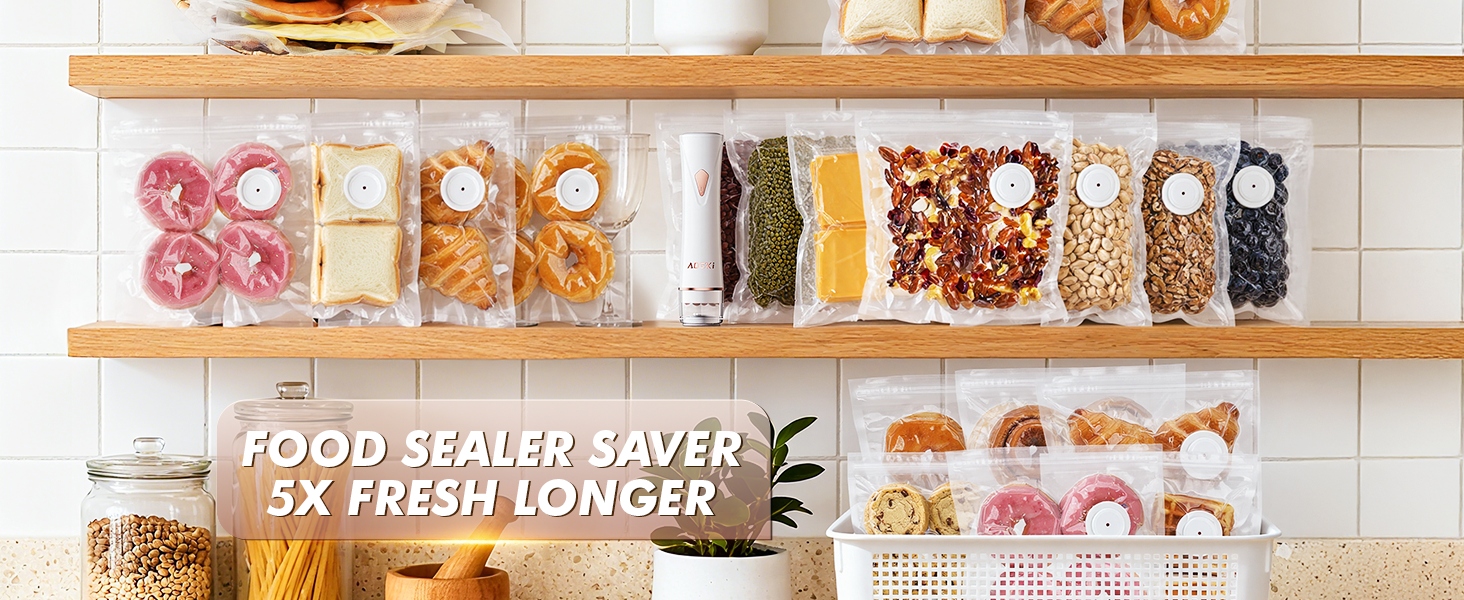 Vacuum sealed snacks, bread, and dried foods neatly stored on kitchen shelves with handheld sealer.
