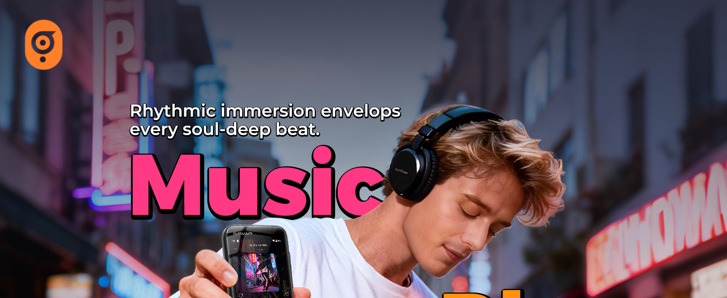 Man enjoying music with headphones while holding a Globluum MP3 player in a neon city street.