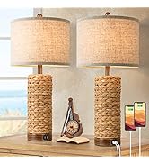 Set of 2 Rattan Table Lamps for Living Room with 2 USB Ports, 27In Tall Bedroom Lamp Costal Farmh...