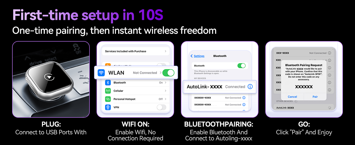 Wireless CarPlay adapter setup steps plug USB enable WiFi Bluetooth pairing with iPhone