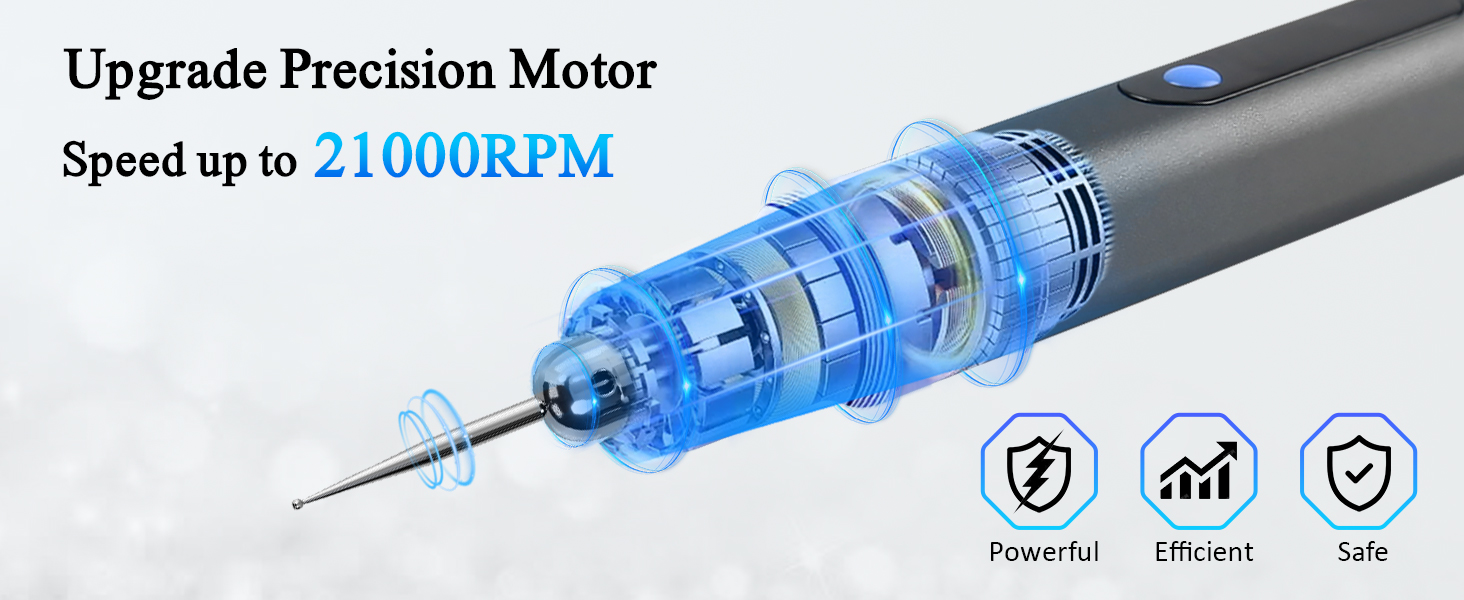 Precision motor tool with transparent blue mechanism, capable of 21000RPM speed. Features include powerful, efficient, and safe operation, as indicated by icons.