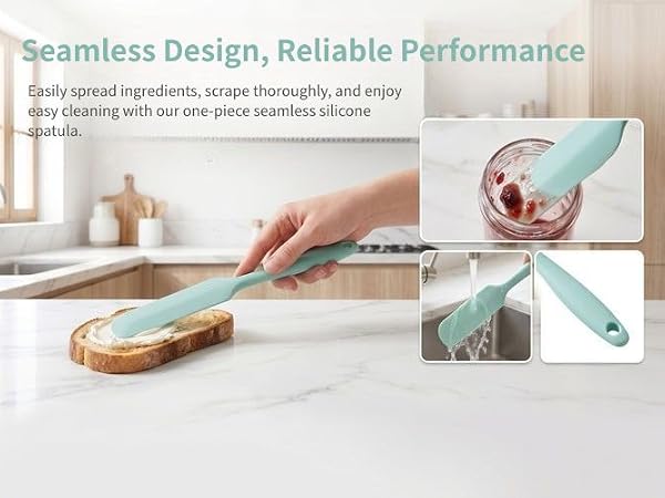 rinsing under running water, hanging hole detail, silicone spreader for baking and bread