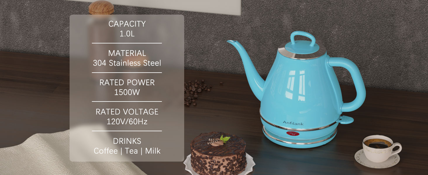 blue gooseneck electric kettle1l, stainless steel, coffee / tea / milk / oats, etc.
