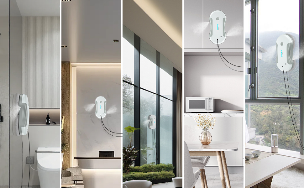 Collection of modern pendant lights with white geometric shades hanging in different interior settings, including dining areas and living spaces with large windows.