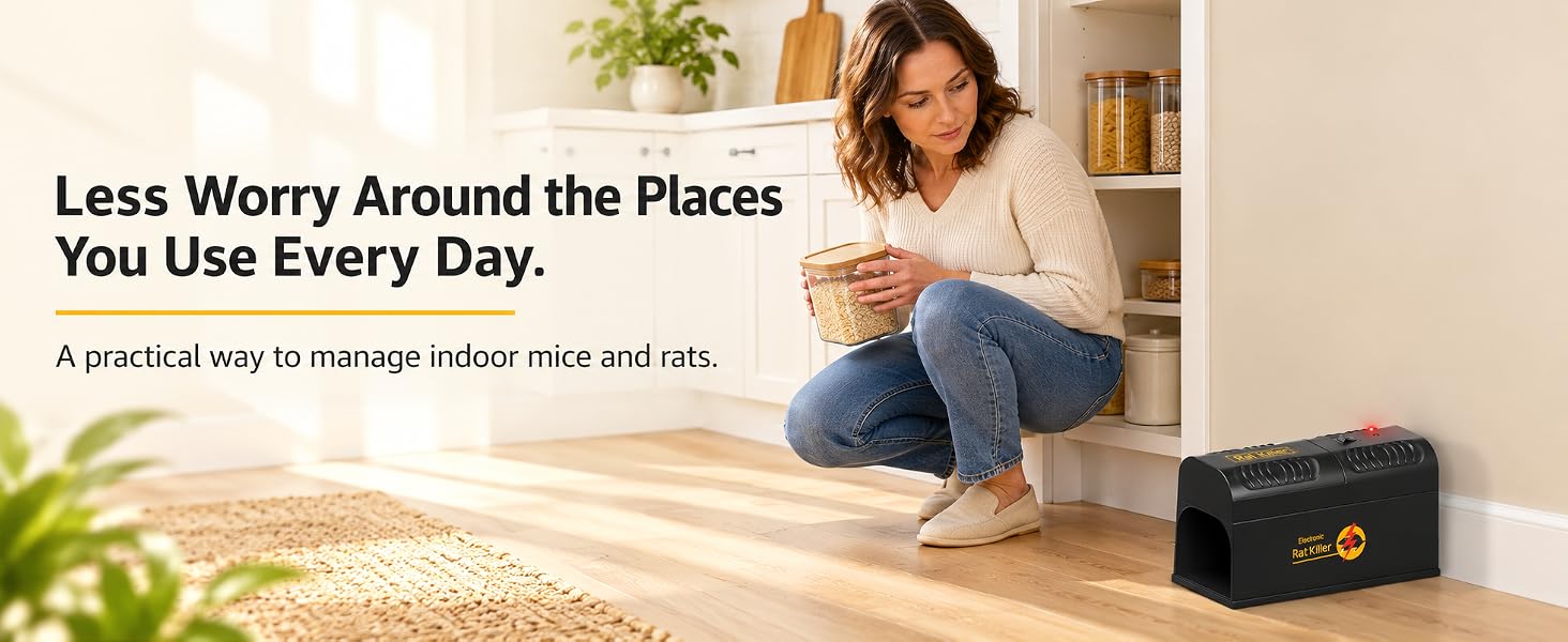 Homeowner organizing a bright kitchen with an electric rodent trap placed along the wall.