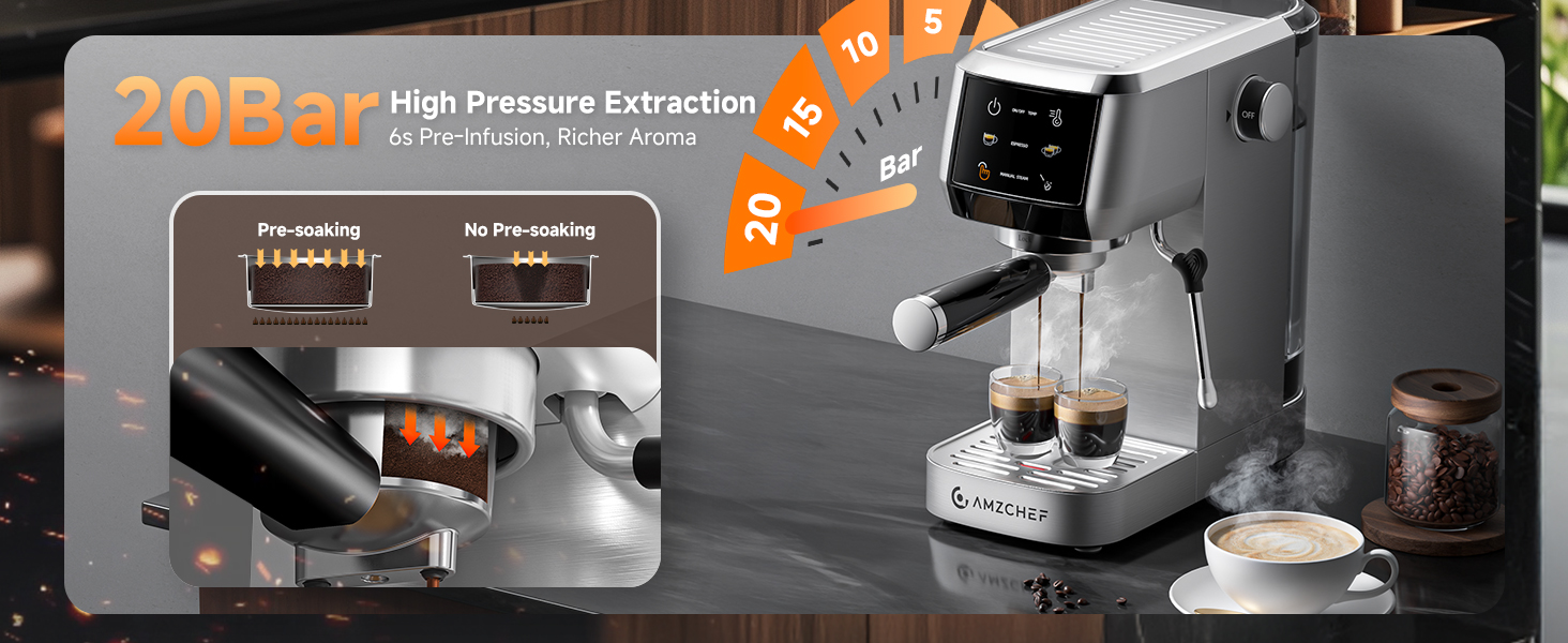 20Bar High Pressure Extraction 6s Pre-Infusion, Richer Aroma Pre-soaking No Pre-soaking