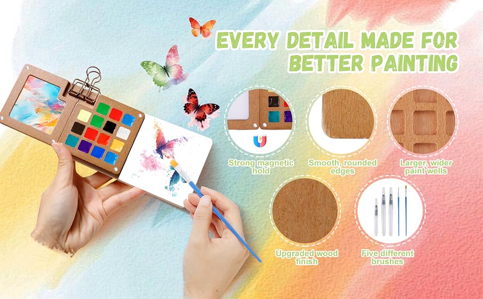 Mini watercolor paint set with strong magnetic closure, larger wells, and smooth wood.