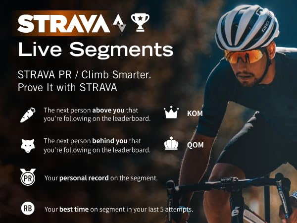 Text reads 'STRAVA PR / Climb Smarter, Prove It with STRAVA' and 'Live Segments'. Dark-themed interface showing cycling app features with white text and icons.