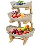 3 Tier Fruit Basket for Kitchen Counter – Ceramic Fruit Bowl Set with Bamboo Frame, Tiered Fruit ...