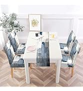 MCALK Blue Chair Covers Set of 4 and Table Runner,Stretch Grey Chair Slipcovers for Kitchen,Washa...