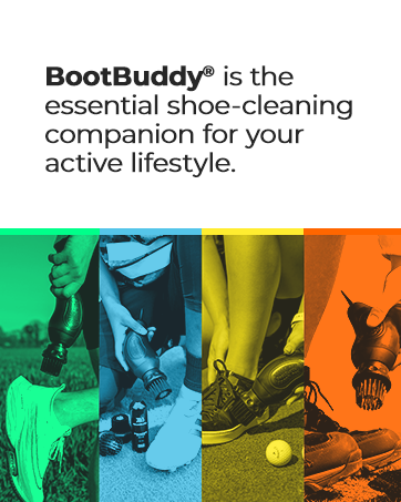 BootBuddy shoe-cleaning product advertisement. Colorful panels showing various active footwear scenarios. Text describes it as essential for active lifestyles.