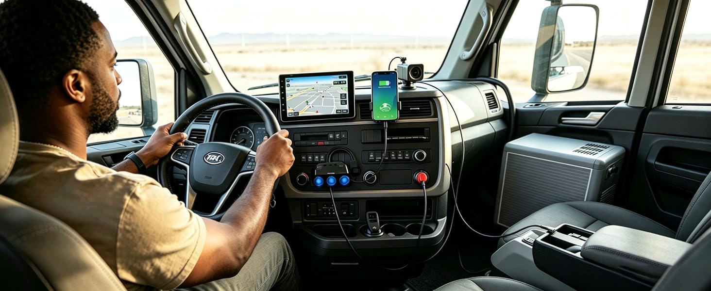 Truck driver using 24V adapter to charge phone &amp;amp;amp;amp;amp;amp; dash cam on long haul trip.