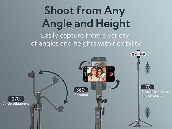 Adjustable camera mount offering 360° rotation, 270° tilt, and 70" height adjustment. Enables flexible shooting angles for photography or videography.