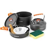Odoland 10pcs Camping Cookware Camping Pots and Pans Set with Kettle Plastic Bowls and Soup Spoon...