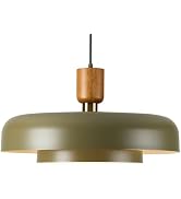 Mid Century Chandelier 19.68 inch, Natural Wood and Brass Accent,2 Layered Deep Green Shade,Large...