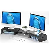 BONTEC Dual Monitor Stand with Smartphone Holder, Adjustable Length &amp; Swivel Angle Wooden Desktop...