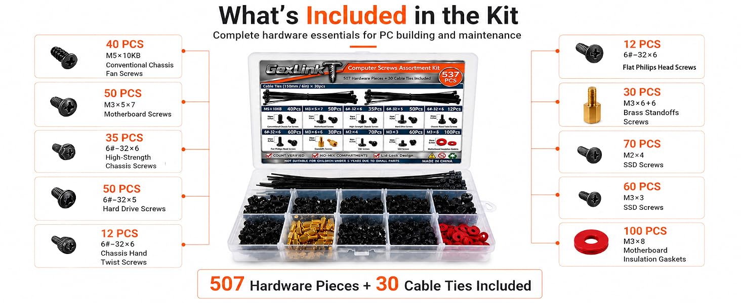 GexLinkT screw kit compatible with PC cases, motherboards, SSDs and HDDs