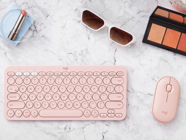 K380 keyboard and Pebble M350 mouse in pink