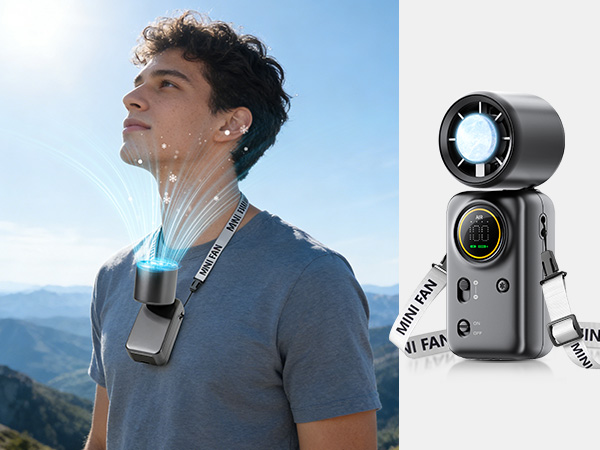 handheld for on-the-go cooling neck-hanging for hands-free use during walks or workouts, and desktop