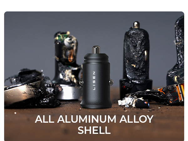Matte black cylindrical device labeled 'LIREN' surrounded by charred, melted objects. Text 'ALL ALUMINUM ALLOY SHELL' overlaid on image.