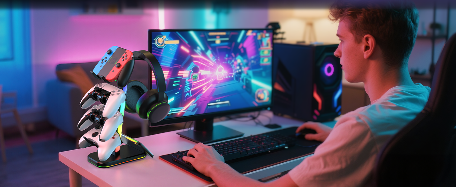 RGB Gaming Headset Stand &amp;amp; Controller Holder with Charging Station