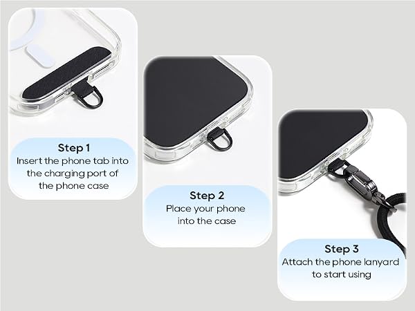 Text reads 'Step 1: Insert the phone back into This phone back cuff, Step 2: Place your phone into the case, Step 3: Attach the phone keychain to start using'. Installation guide for phone case with grip.