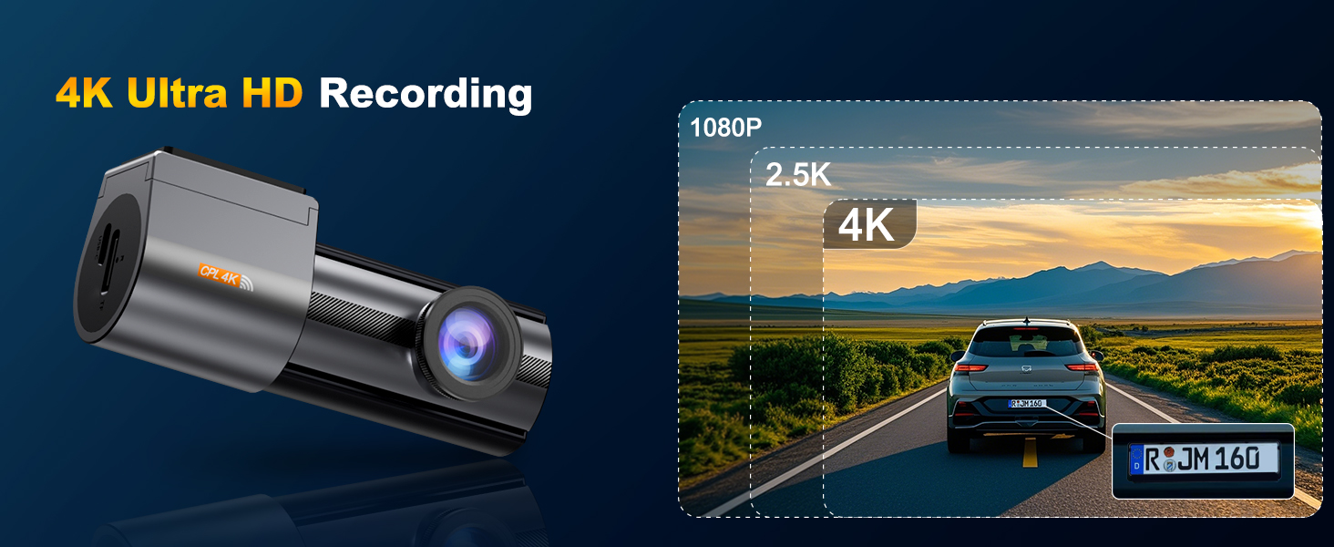 Cylindrical dashboard camera with lens, alongside comparison of 4K vs 1080p recording quality showing a car on a road at sunset.