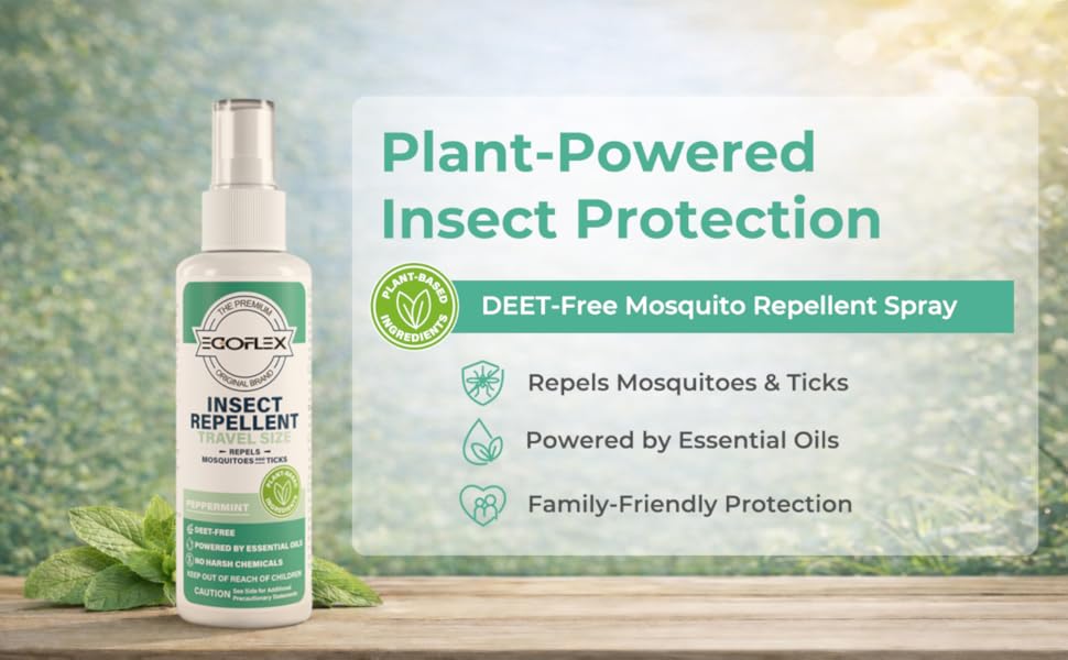 Plant-based insect repellent spray bottle on wooden table with natural outdoor background