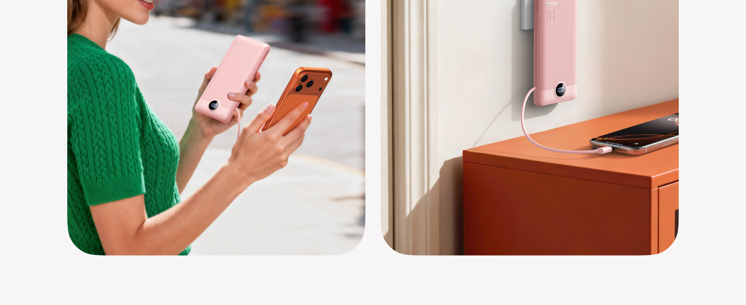 Portable Charger with Built-in Cables and Wall Plug-Pink