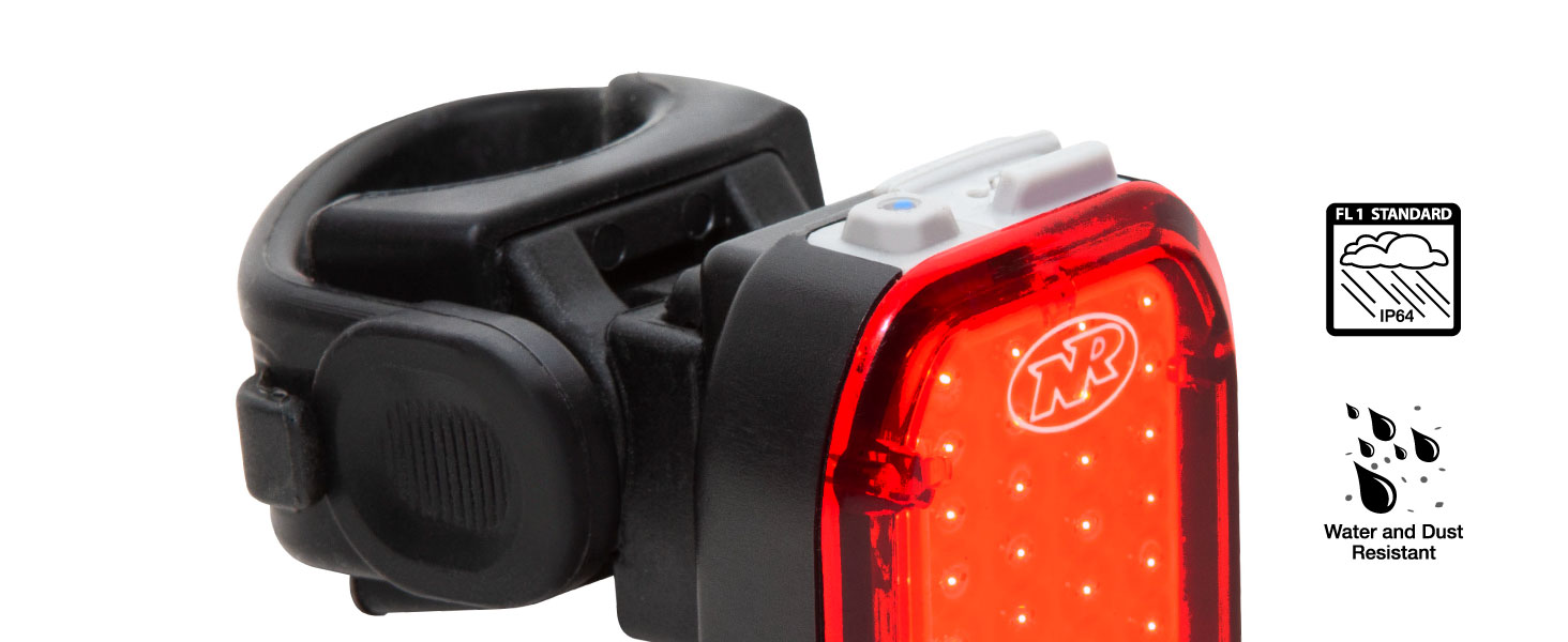 IP64 rated waterproof water resistant and dust resistant bike rear light close up of sealed ports