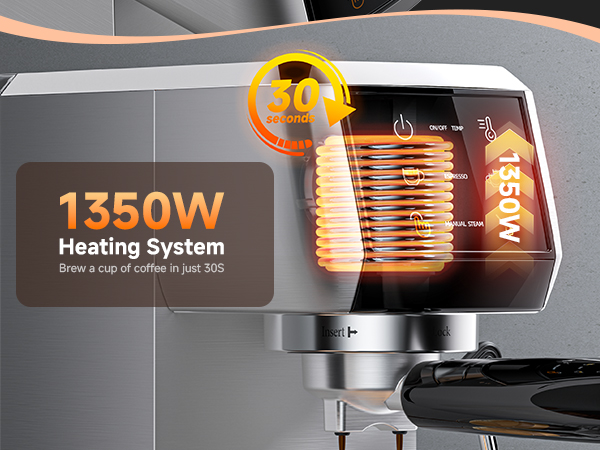 Efficient 1350W Heating System Brew a cup of coffee in just 30S