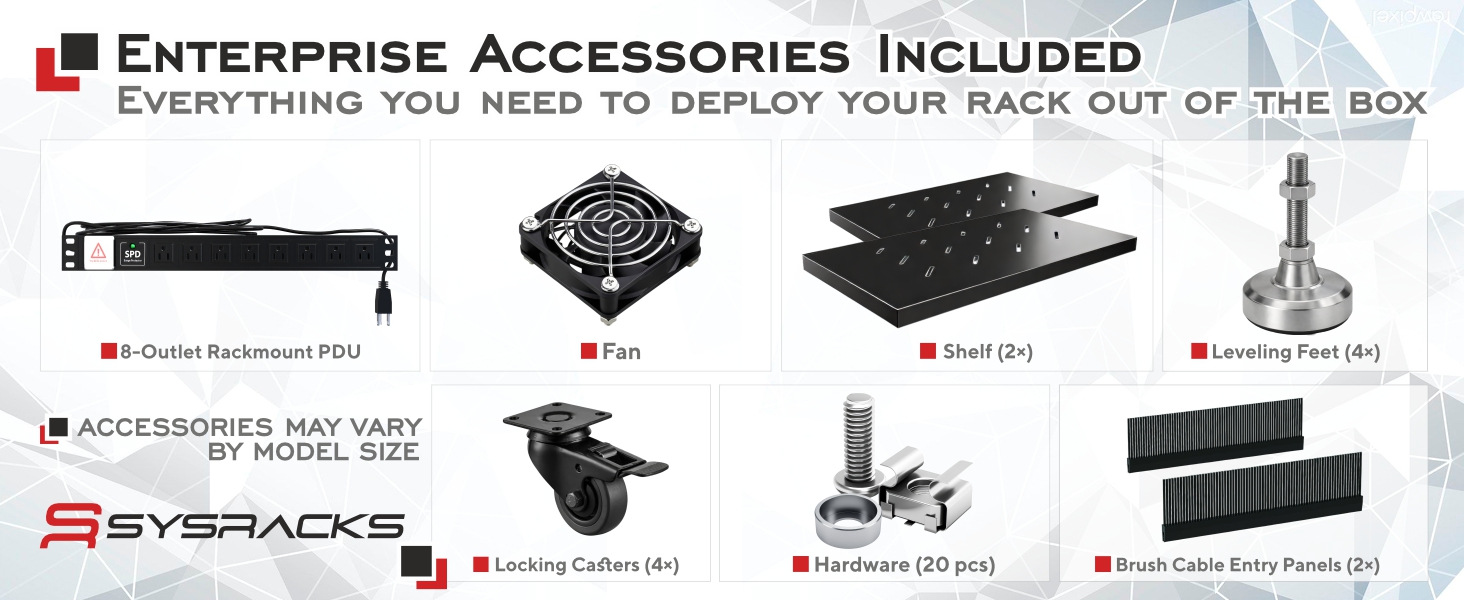 Server rack accessories displayed - PDU, FAN, 2 vented steel shelf, leveling feet, hardware