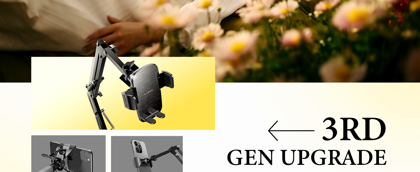 Adjustable smartphone mount with multiple positioning options. Shows device gripping a phone