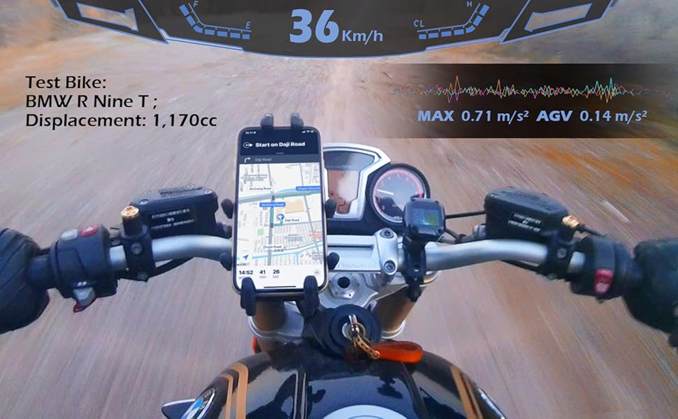 Test the vibration dampening performance of the phone mount on a high-powered motorcycle