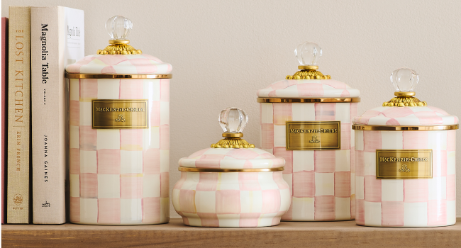 Pink Rosy Check canisters in various sizes.