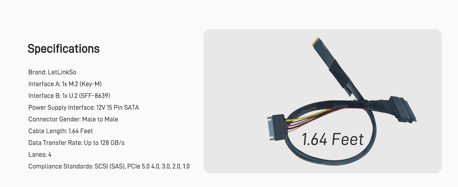 LetLinkSo Gen5 PCIe 5.0 U.2 to M.2 Adapter Card SFF-8639 to M2 NVMe SSD Cable