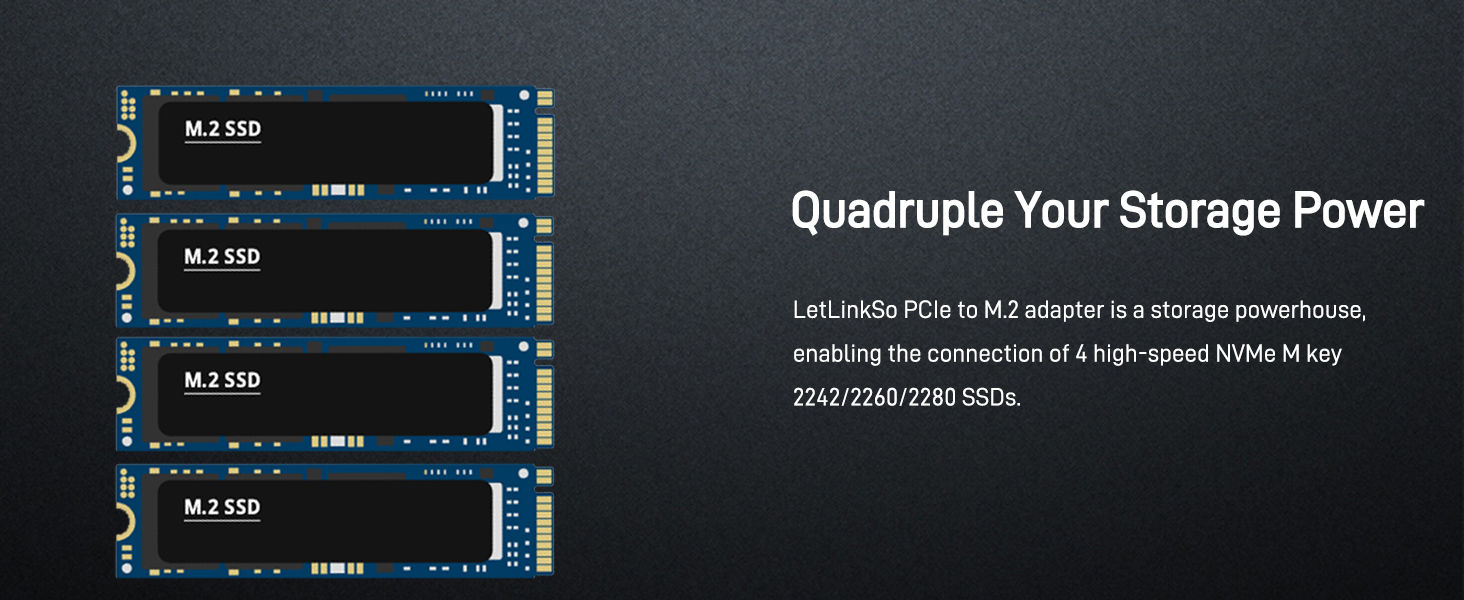 LetLinkSo Gen5 PCIe 5.0 x16 M.2 Expansion Adapter Card 4 Ports NVMe SSDs M Key