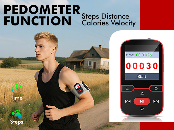 Text reads 'PEDOMETER FUNCTION Steps Distance Calories Velocity'. Split image showing runner wearing armband and digital display showing '00030' counter.