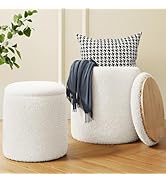 Round Boucle Ottoman with Storage Set of 2, White Ottoman Poufs for Living Room, Sherpa Storage O...
