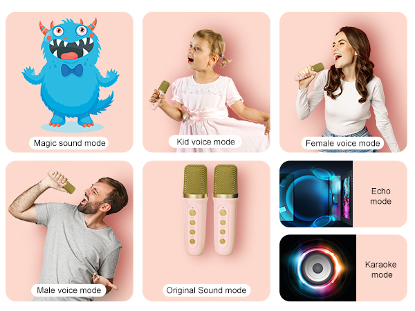 Microphone with multiple voice modes: magic sound, kid, female, male, original sound, echo, and karaoke. Two beige microphones shown with control buttons.