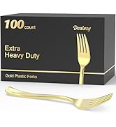 Dealusy 100 Count Heavy Duty Gold Plastic Forks Disposable, BPA-Free, Heat Resistant, Solid and D...