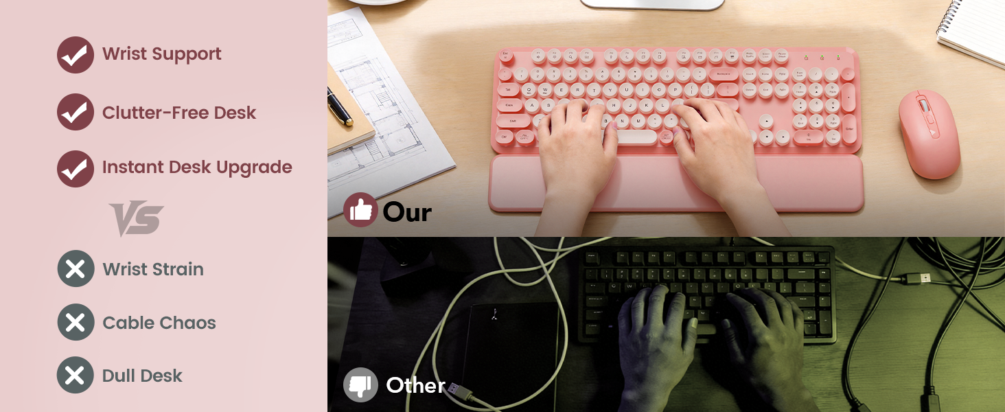 typing on wireless keyboard mouse with wrist rest clean desk setup compared to messy wired keyboard